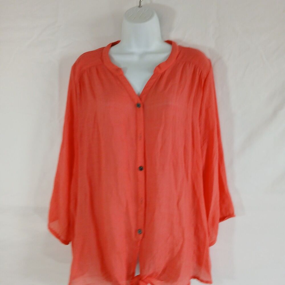 Roz & Ali Top Peach Button Up V Neck Tie On Waist  Sz XL  Summer Beach Work